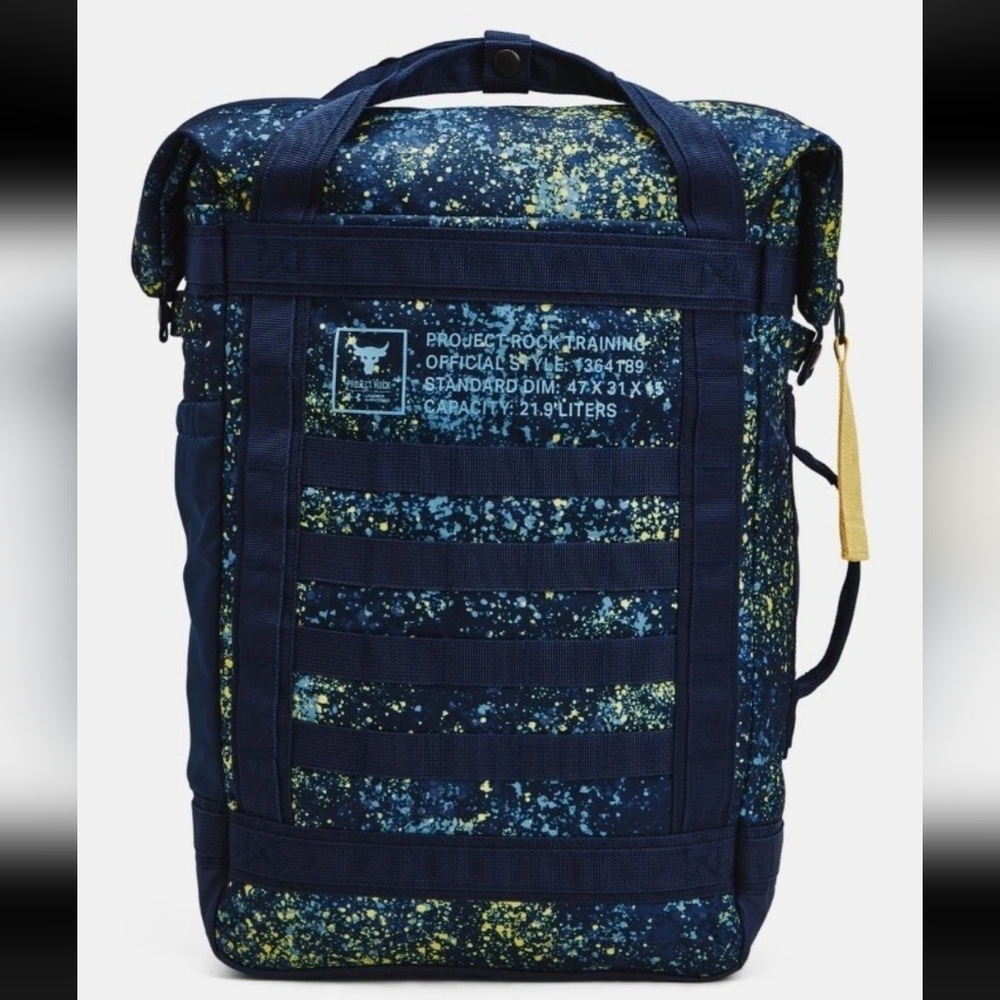 Under Armour UA Project Rock Box Duffle Backpack Training Gym Bag Blue Gold NWT